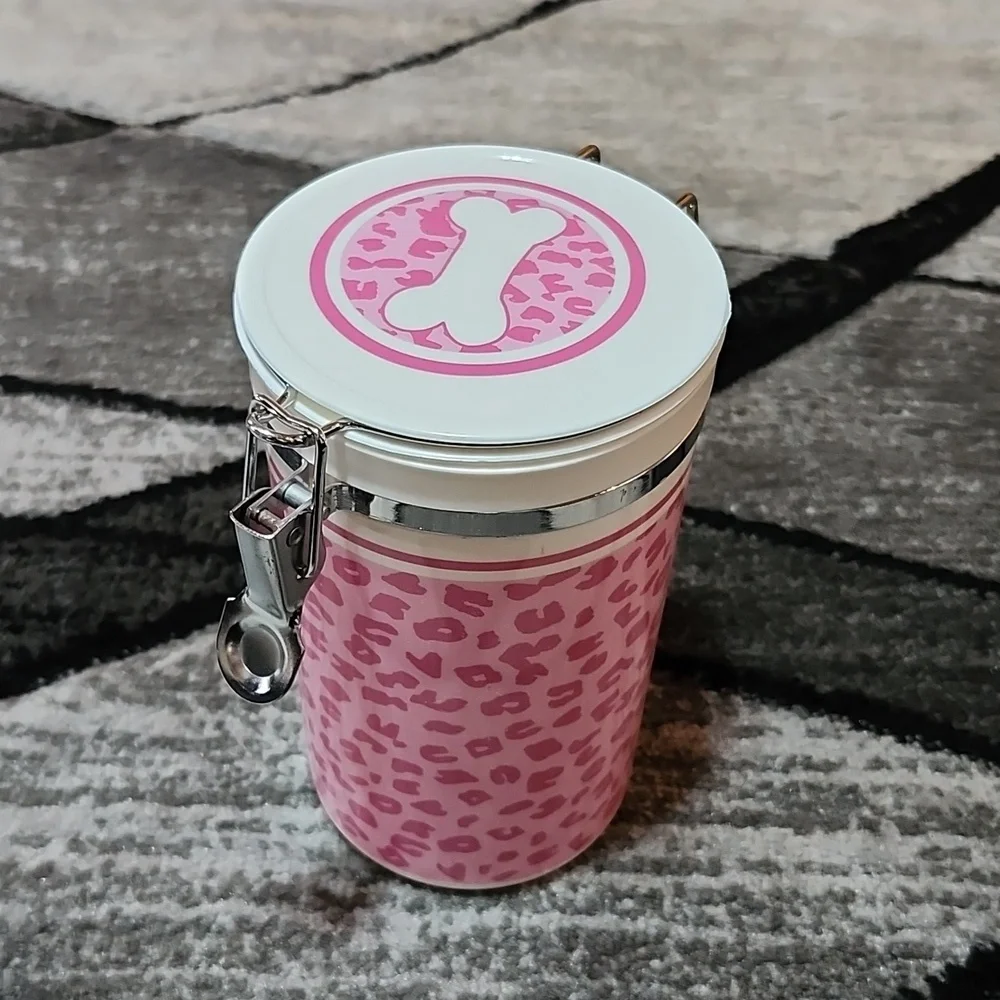 PINK LEOPARD PRINT AIRTIGHT PLASTIC DOG TREAT CONTAINER